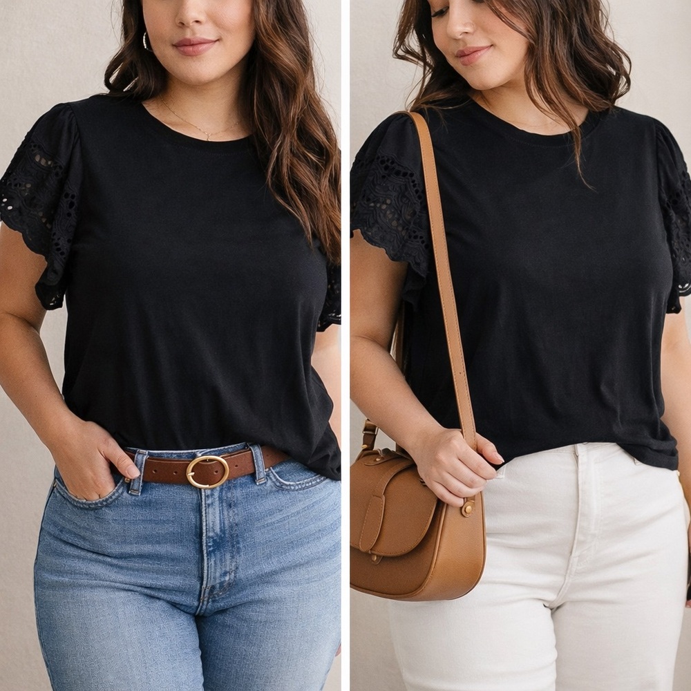 Black Lace Eyelet Sleeve Blouse
